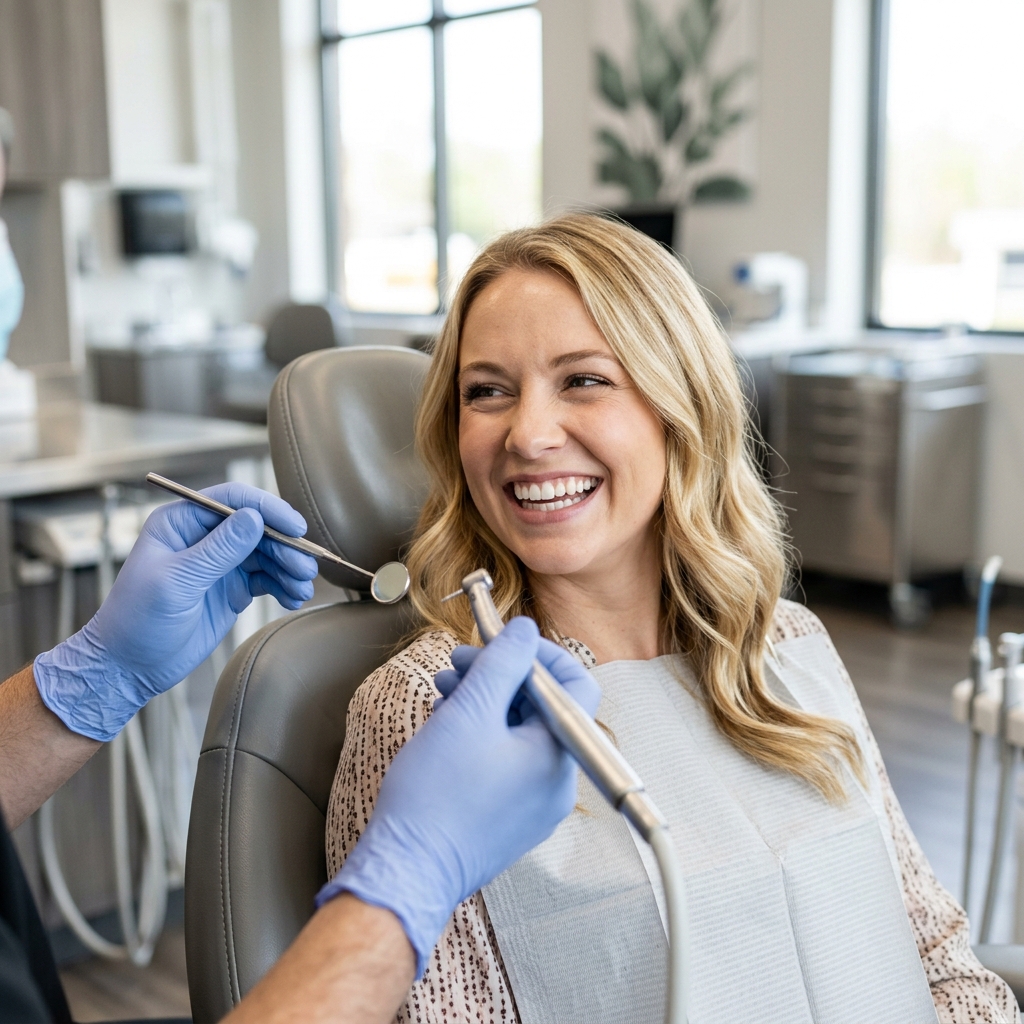 Dentist treating a smiling female patient